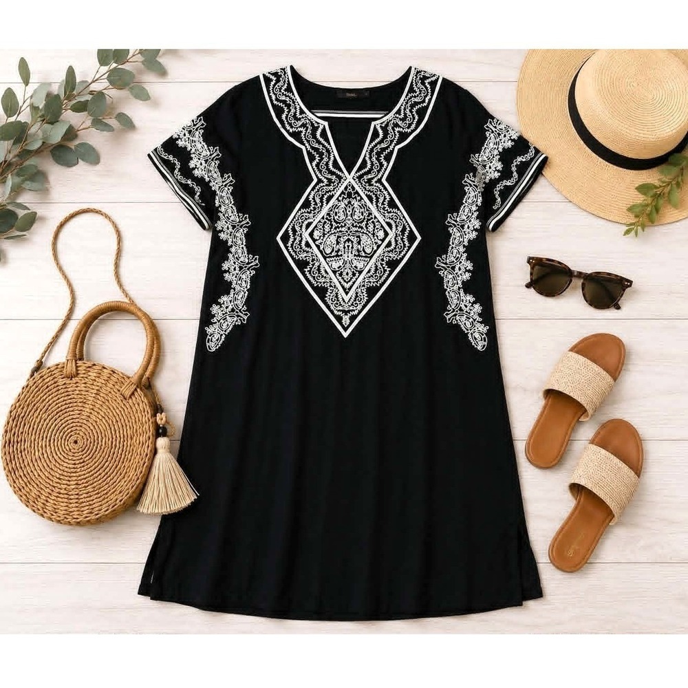 THML Black Embroidered Shift Dress Medium Cream Boho Tunic Moroccan Rayon